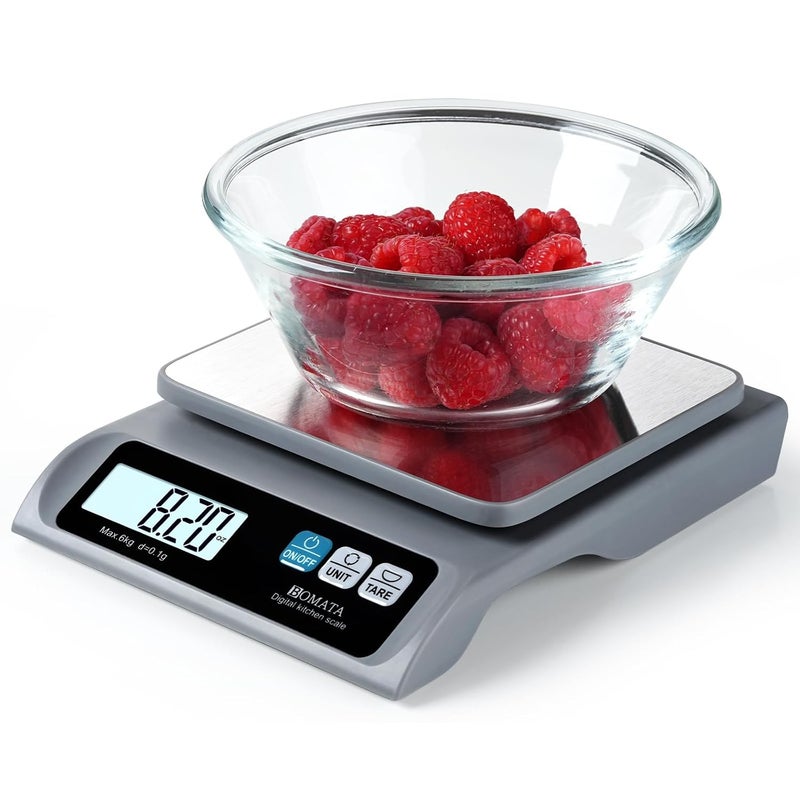 BOMATA 0.1g/ 13lb Food Scale, Digital Kitchen Scale with Removable Stainless Steel Pan, Backlit LCD Display, for Cooking, Baking B621 Grey - Image 1